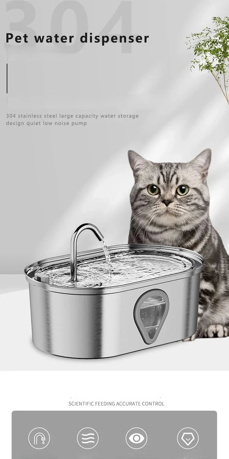 3.5L Stainless Steel Cat Water Fountain with Water Level Window Pet Fountain Cat Dog Water Dispenser for Multiple Cats Fountain