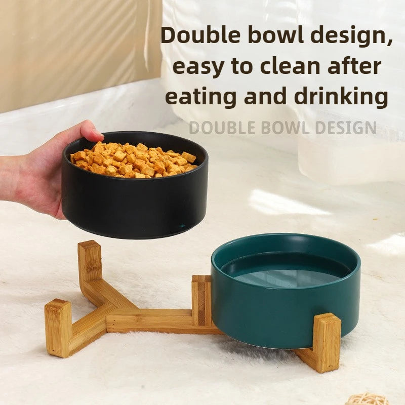 Ceramic Double Pet Bowl with Wooden Stand – No Spill Feeder