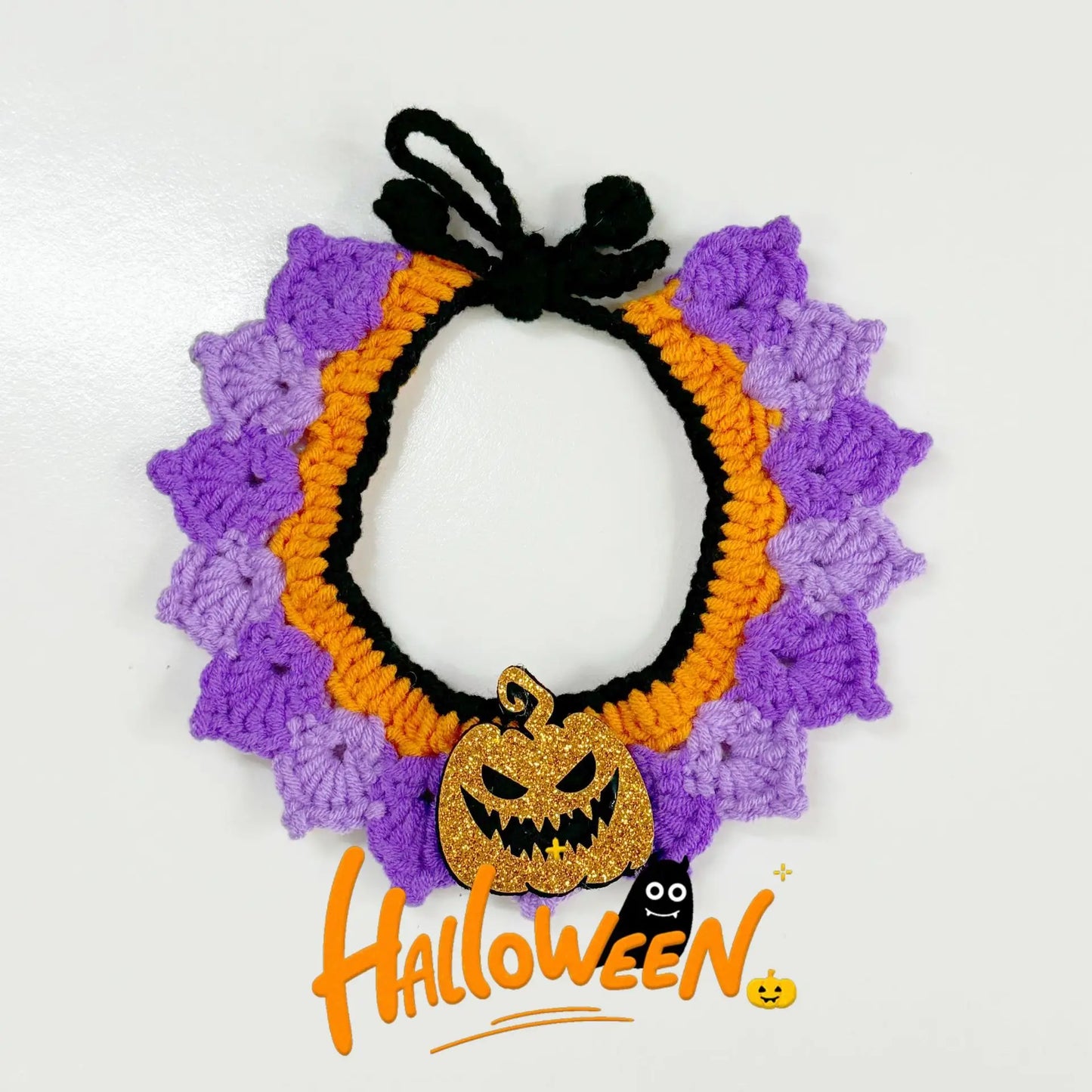 Handmade Halloween Pet Collar – Knitted Crochet Scarf for Cats & Dogs Pumpkin Design