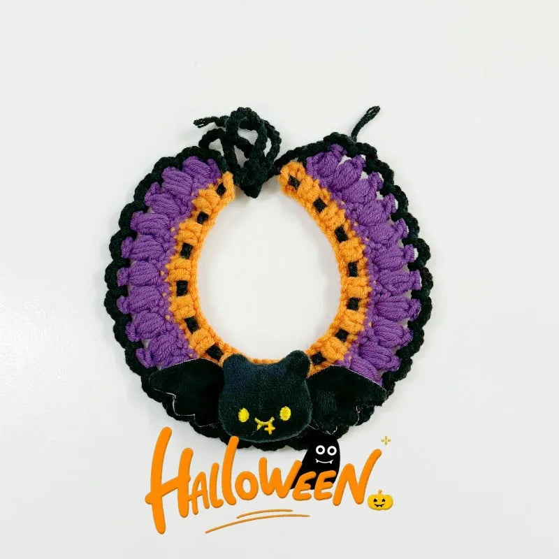 Handmade Halloween Pet Collar – Knitted Crochet Scarf for Cats & Dogs Pumpkin Design