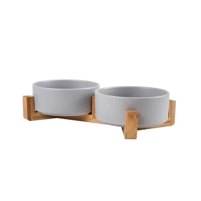 Ceramic Double Pet Bowl with Wooden Stand – No Spill Feeder