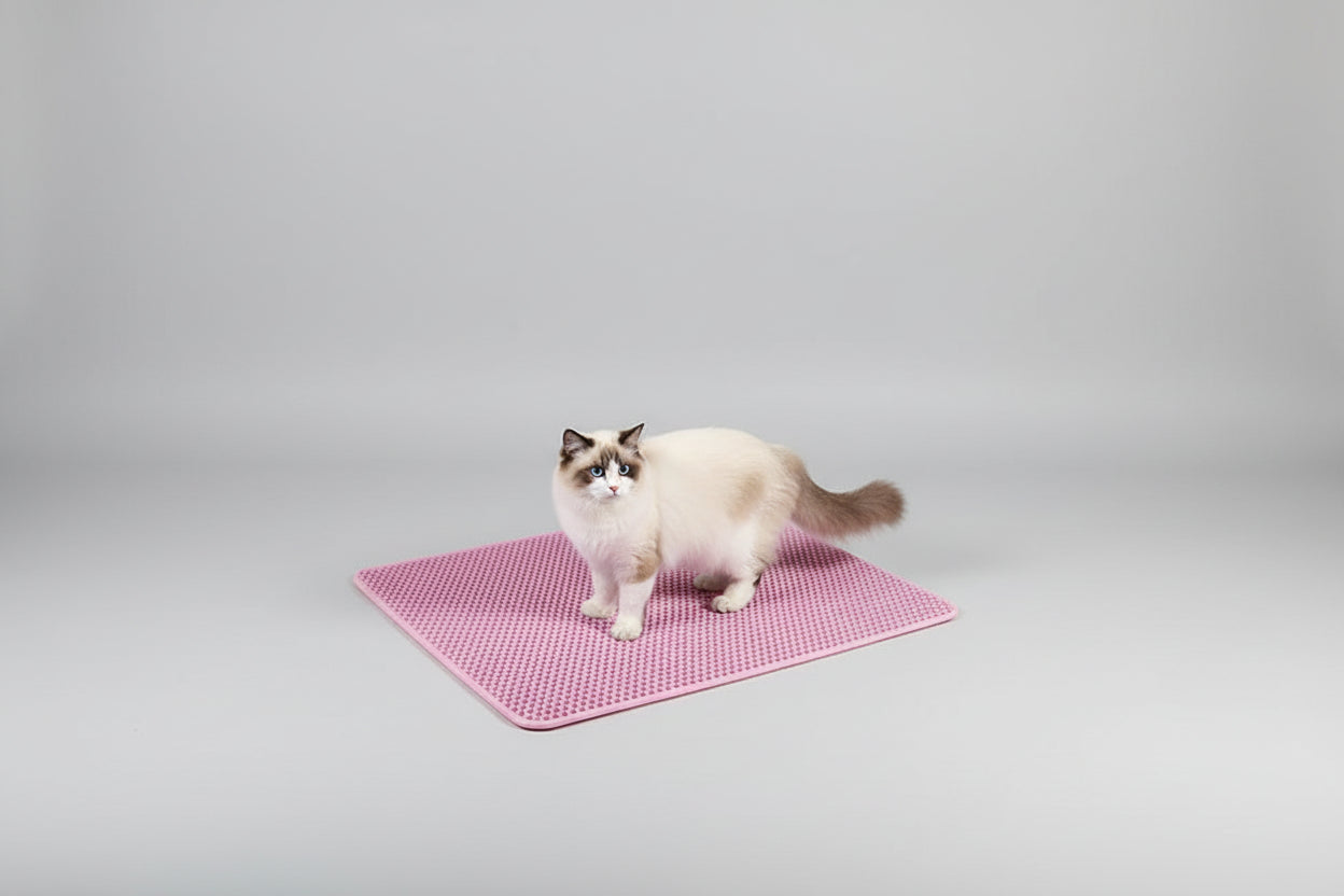 Cat sitting on a pink cat litter mat with a close-up inset, in front of a litter box.