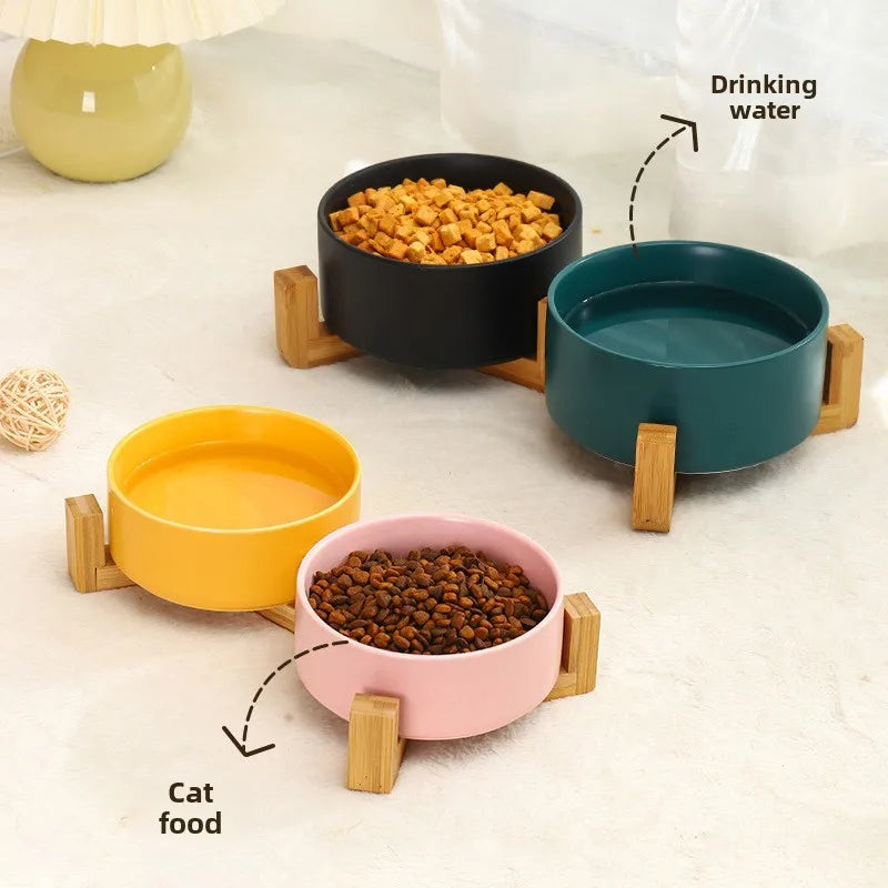 Ceramic Double Pet Bowl with Wooden Stand – No Spill Feeder