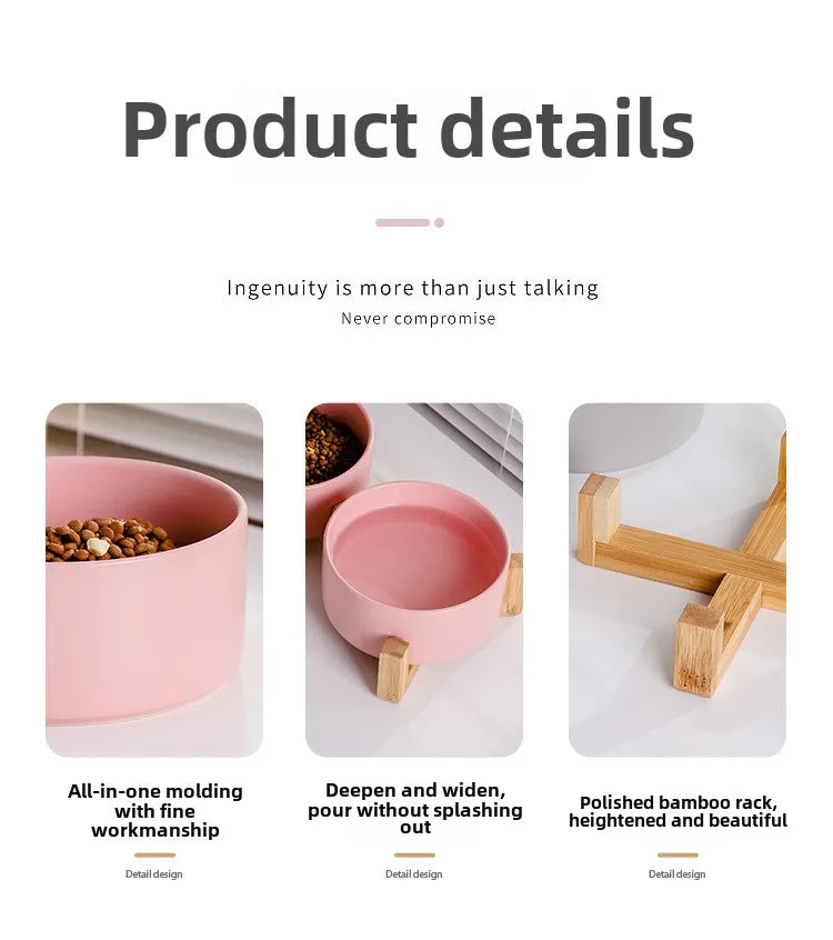 Ceramic Double Pet Bowl with Wooden Stand – No Spill Feeder