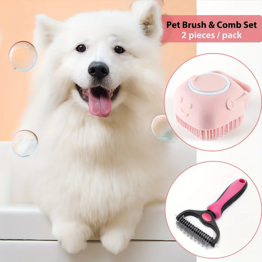 Dual-Sided Pet Grooming Brush – Stainless Steel Deshedding & Silicone Massage for Dogs & Cats
