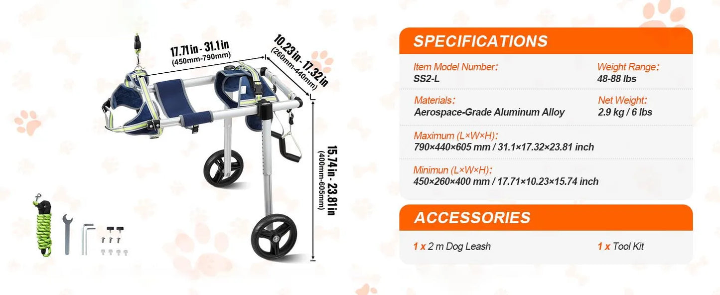 SucceBuy 2 Wheels Dog Wheelchair for Back Legs Pet Wheelchair Dog Cart/Wheelchair for Disabled Paralysis Hind Limb Weak Pet