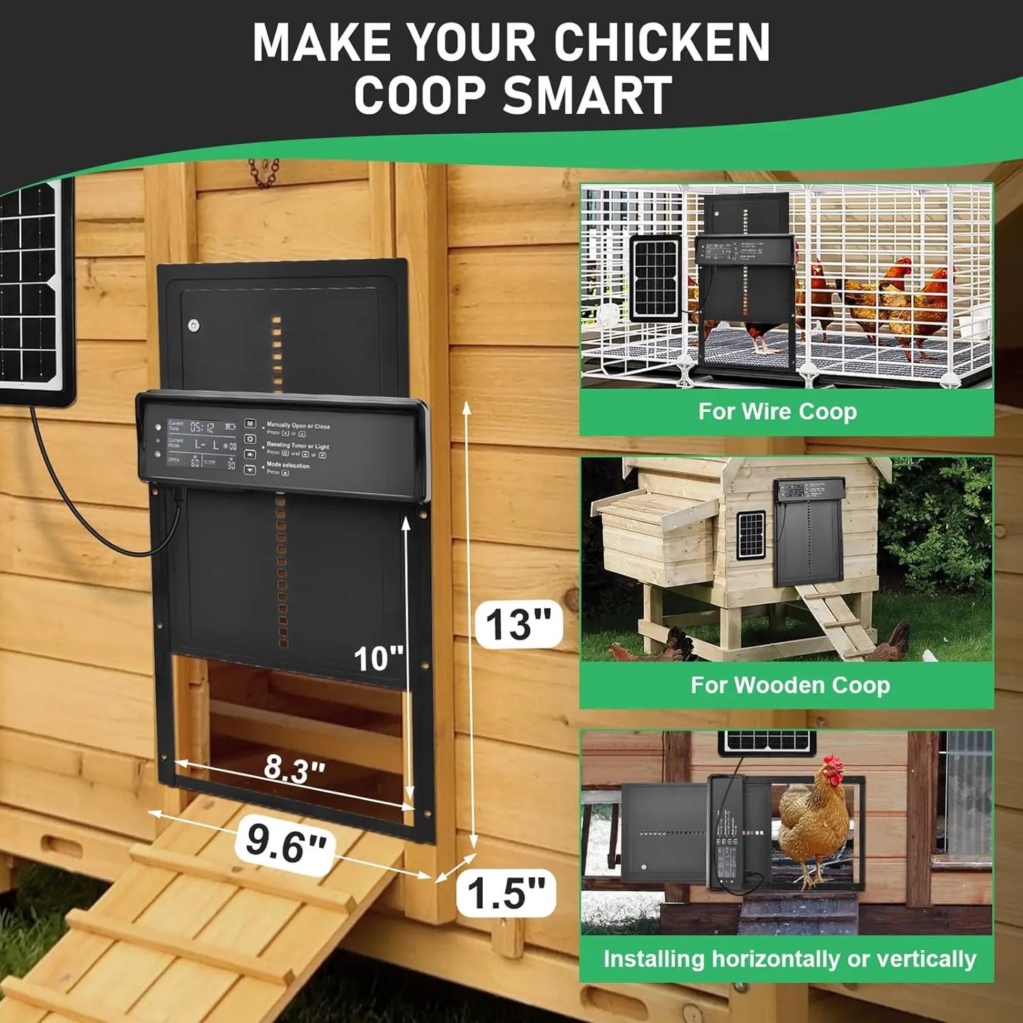 Solar Automatic Chicken Coop Door – Solar & USB Powered with Timer & Light Sensor