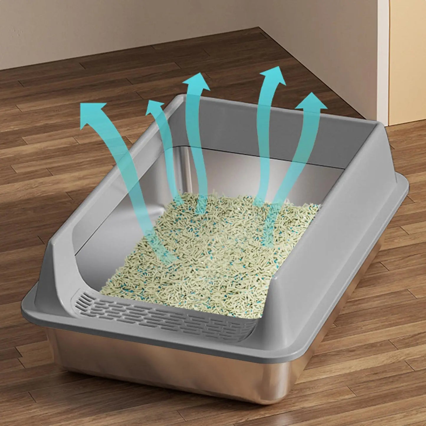 Stainless Steel High-Sided Cat Litter Box with Lid & Scoop