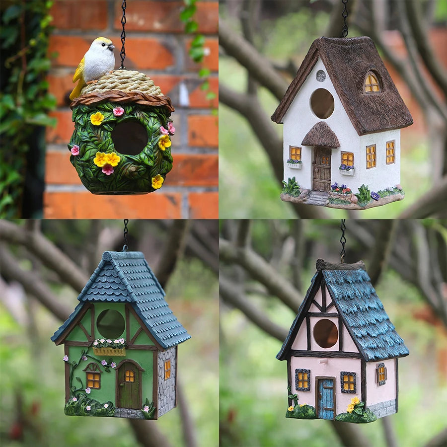 Outdoor Resin Birdhouse – Hanging Garden Cabin for Small Birds