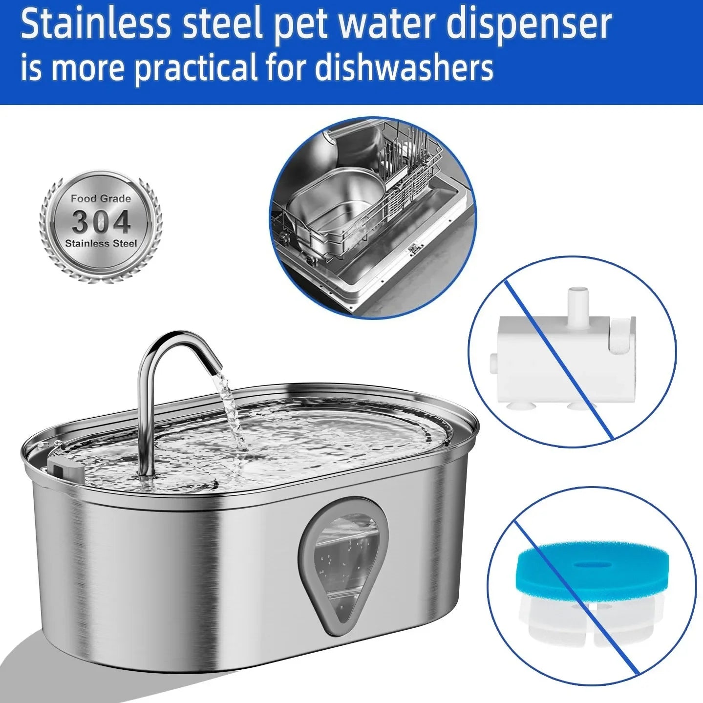 3.5L Stainless Steel Cat Water Fountain with Water Level Window Pet Fountain Cat Dog Water Dispenser for Multiple Cats Fountain