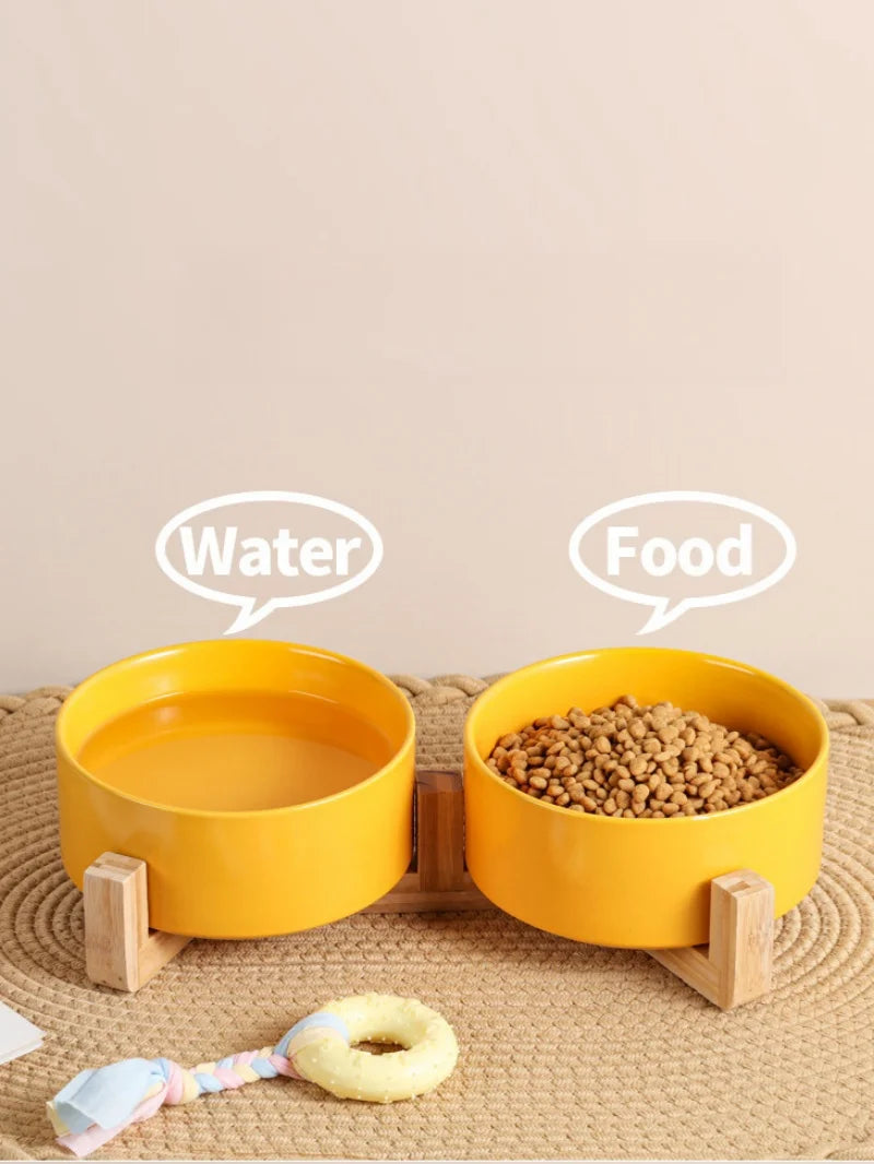 Ceramic Double Pet Bowl with Wooden Stand – No Spill Feeder