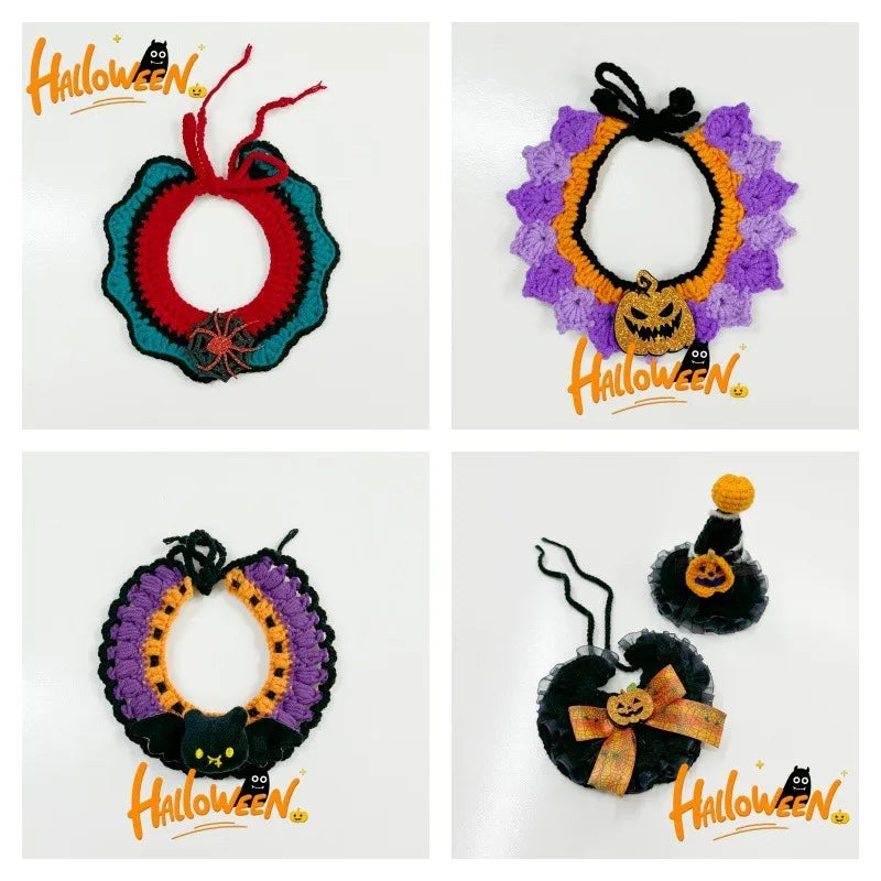 Handmade Halloween Pet Collar – Knitted Crochet Scarf for Cats & Dogs Pumpkin Design