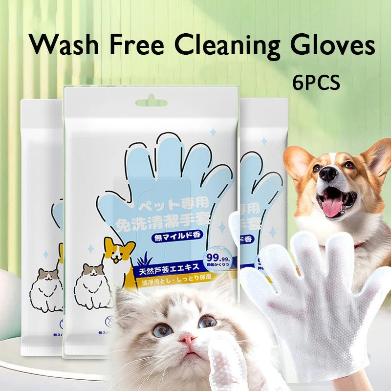 Pet Wash Cleaning Gloves for Cats & Dogs – 6pcs Deodorizing Bath & Grooming Wipes