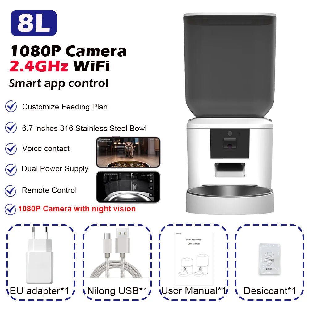 8L Smart Automatic Cat Feeder with 1080P Camera – WiFi & Voice Control