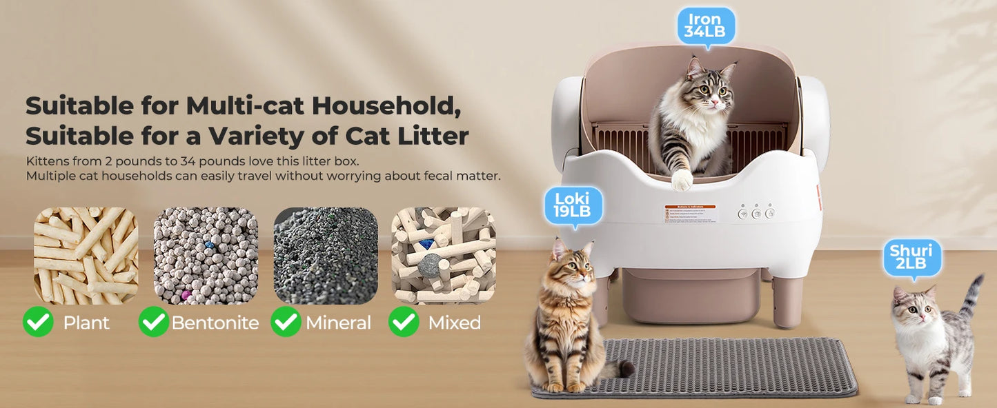Automatic Self-Cleaning Litter Box – Odor-Free, App-Controlled, Open-Top for Multiple Cats