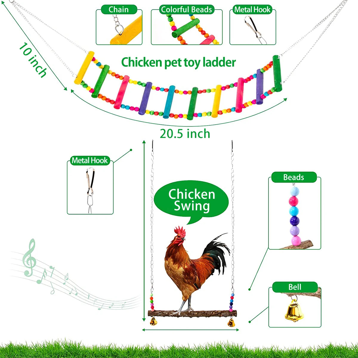 Chicken & Parrot Chewing Foraging Toy Set – Wooden Swing, Hanging Feeder & Bell Toys